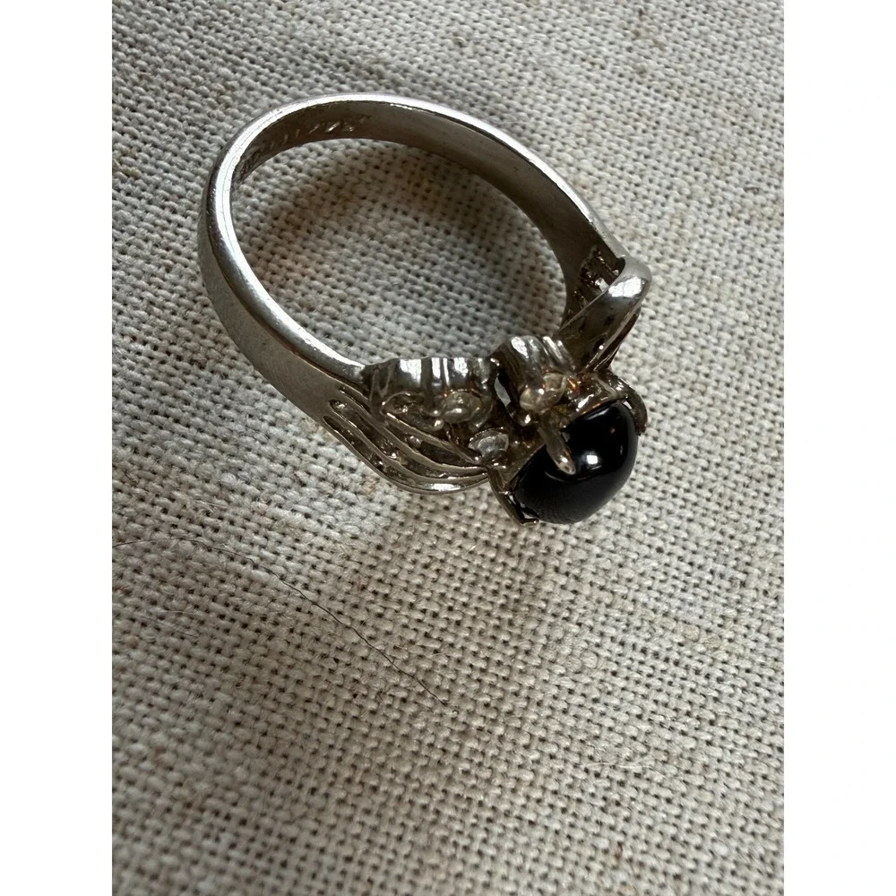 Vintage 14Kt ge silver tone Black cabochon Bypass Ring‎ Size 7.5 Flaws